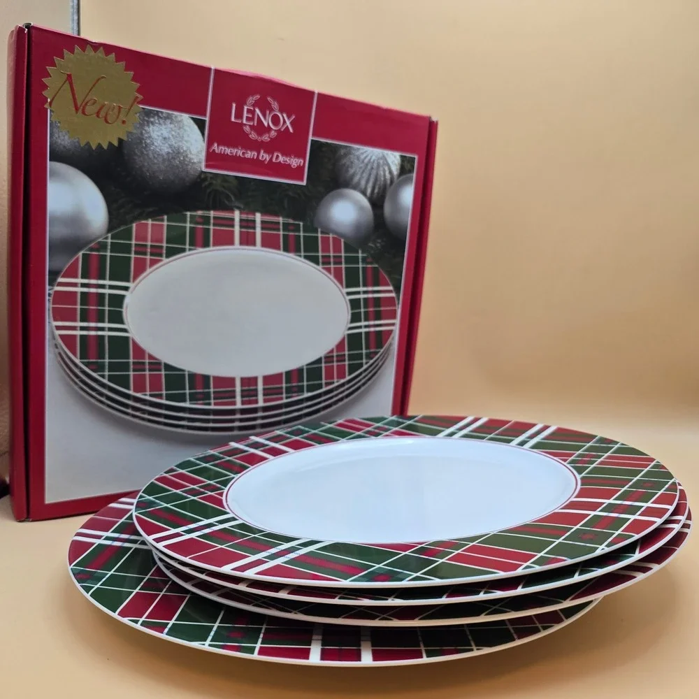 Lenox Vintage Plaid Dinner Plates Set of 4 Red Green‎ Winter Holiday 870676